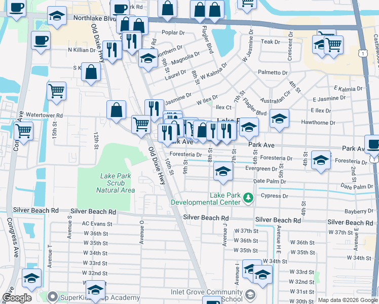 map of restaurants, bars, coffee shops, grocery stores, and more near 846 Foresteria Drive in West Palm Beach