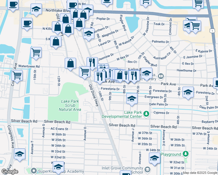 map of restaurants, bars, coffee shops, grocery stores, and more near 930 Foresteria Drive in West Palm Beach
