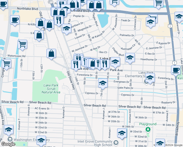 map of restaurants, bars, coffee shops, grocery stores, and more near 835 Foresteria Drive in West Palm Beach