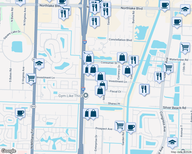 map of restaurants, bars, coffee shops, grocery stores, and more near 3885 Investment Lane in Riviera Beach