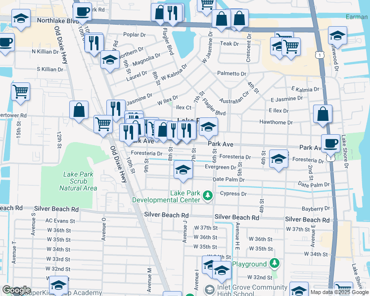 map of restaurants, bars, coffee shops, grocery stores, and more near 712 Foresteria Drive in West Palm Beach