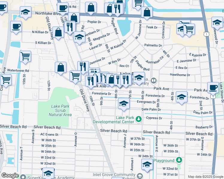 map of restaurants, bars, coffee shops, grocery stores, and more near 738 Park Avenue in Lake Park