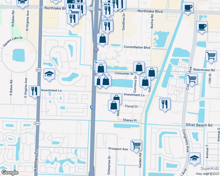 map of restaurants, bars, coffee shops, grocery stores, and more near 8340 Resource Road in Riviera Beach