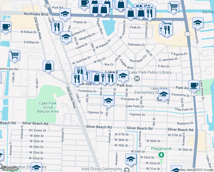 map of restaurants, bars, coffee shops, grocery stores, and more near 738 Park Avenue in Lake Park