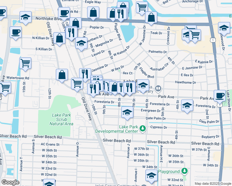 map of restaurants, bars, coffee shops, grocery stores, and more near 738 Park Avenue in Lake Park