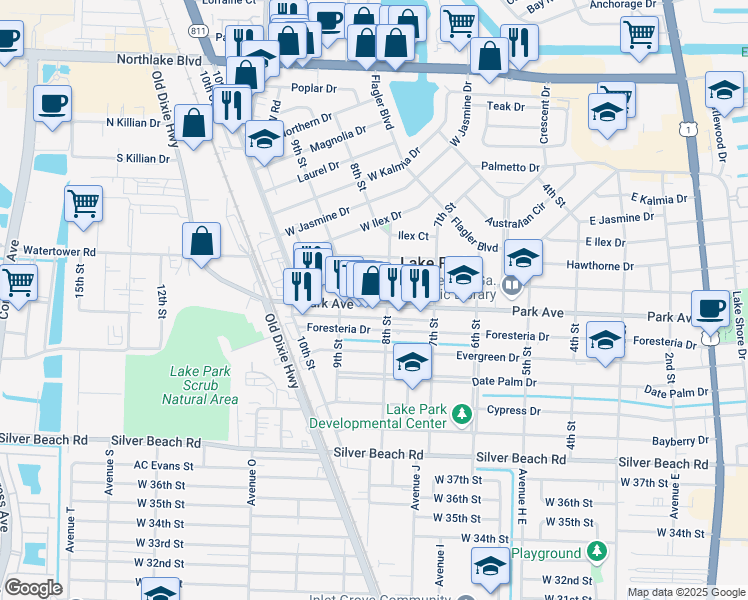 map of restaurants, bars, coffee shops, grocery stores, and more near 63 8th Street in Lake Park