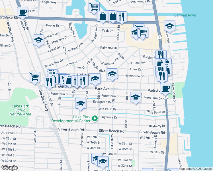 map of restaurants, bars, coffee shops, grocery stores, and more near 535 Park Avenue in West Palm Beach