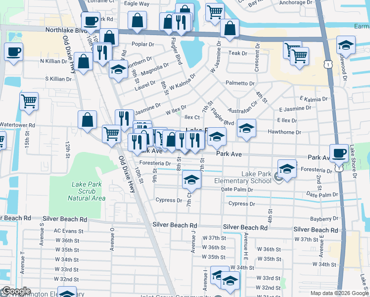 map of restaurants, bars, coffee shops, grocery stores, and more near 738 Park Avenue in Lake Park
