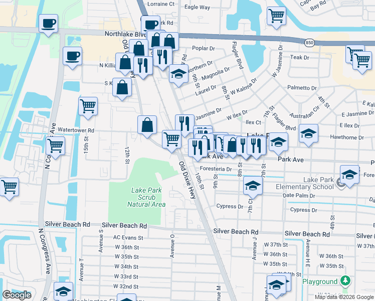 map of restaurants, bars, coffee shops, grocery stores, and more near 710 10th Street in Lake Park