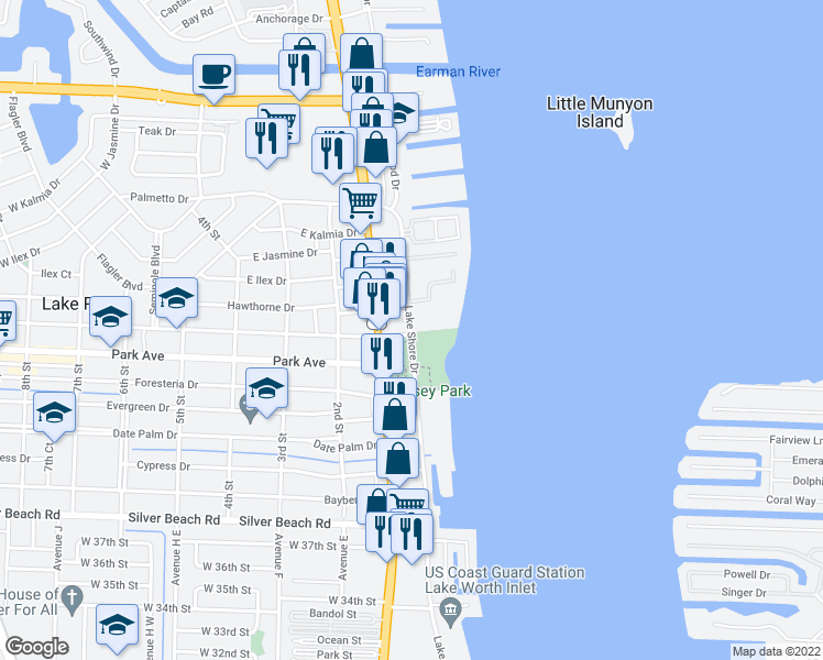 map of restaurants, bars, coffee shops, grocery stores, and more near 810 Lake Shore Drive in Lake Park
