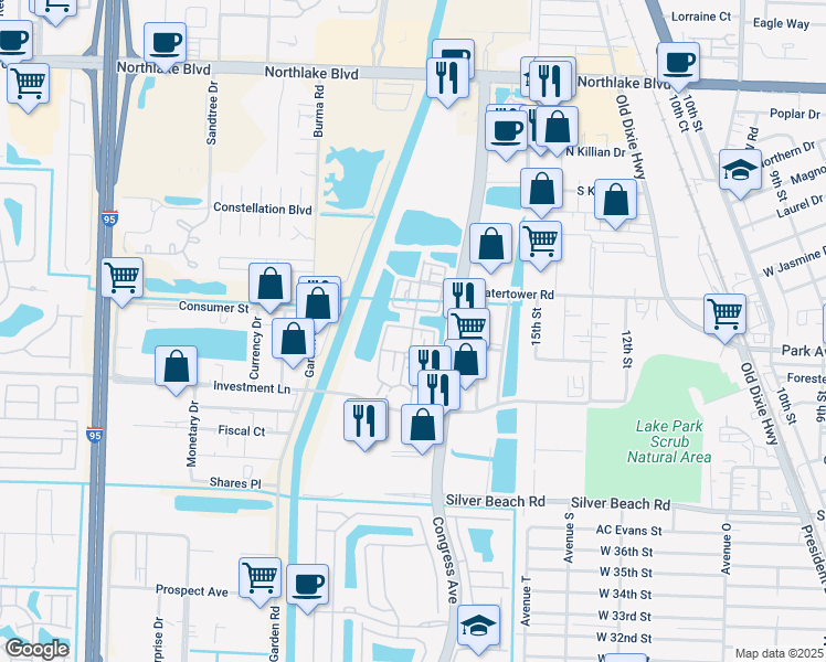 map of restaurants, bars, coffee shops, grocery stores, and more near 800 Venetian Isles Drive in Lake Park