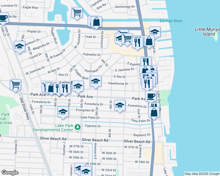 map of restaurants, bars, coffee shops, grocery stores, and more near 405 Greenbriar Drive in West Palm Beach