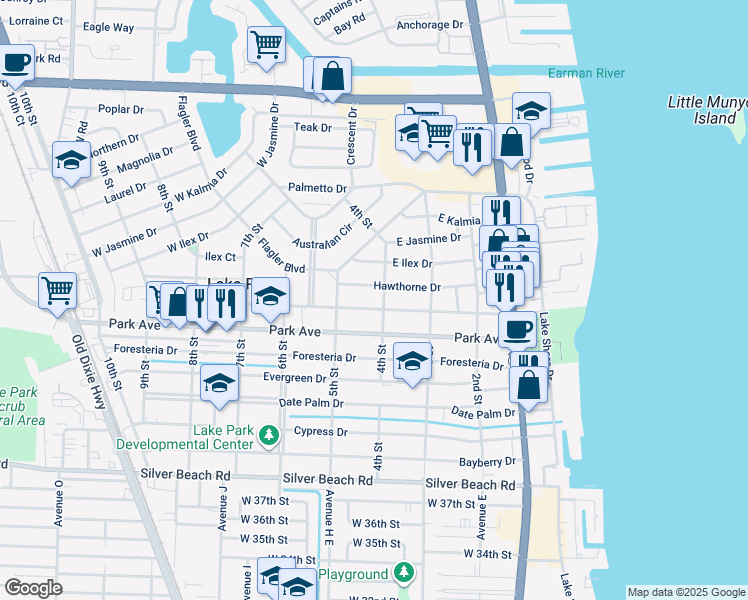 map of restaurants, bars, coffee shops, grocery stores, and more near 414 Greenbriar Drive in West Palm Beach