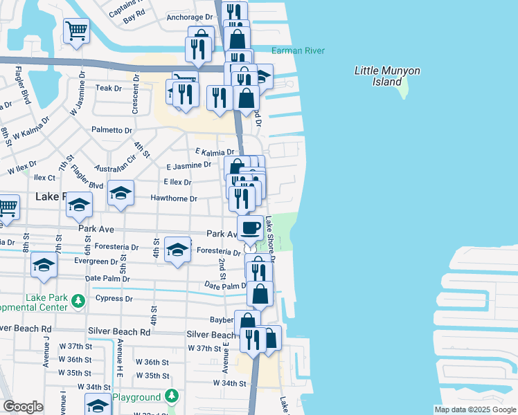map of restaurants, bars, coffee shops, grocery stores, and more near 810 Lake Shore Drive in Lake Park