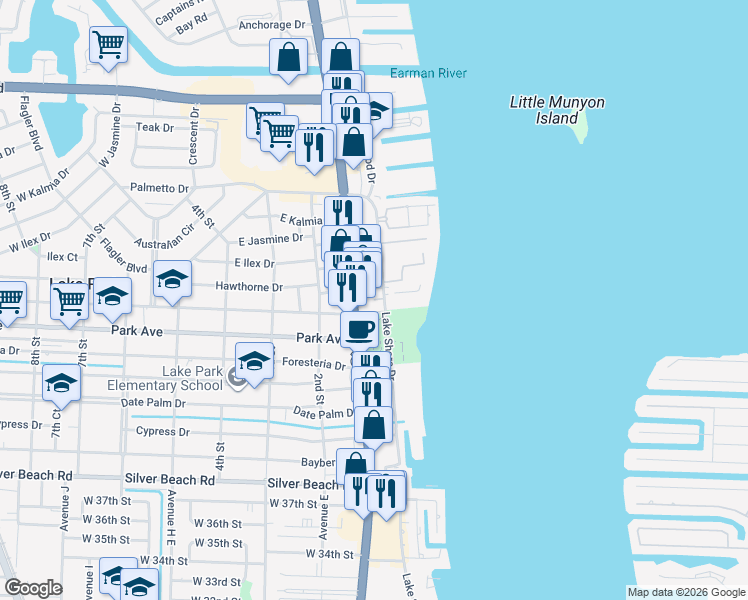 map of restaurants, bars, coffee shops, grocery stores, and more near 810 Lake Shore Drive in Lake Park
