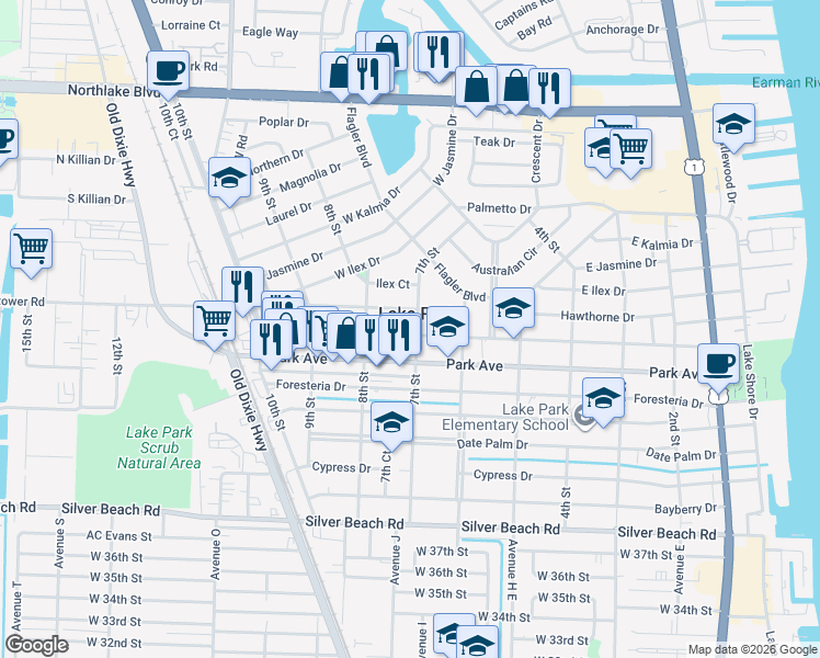 map of restaurants, bars, coffee shops, grocery stores, and more near in Lake Park