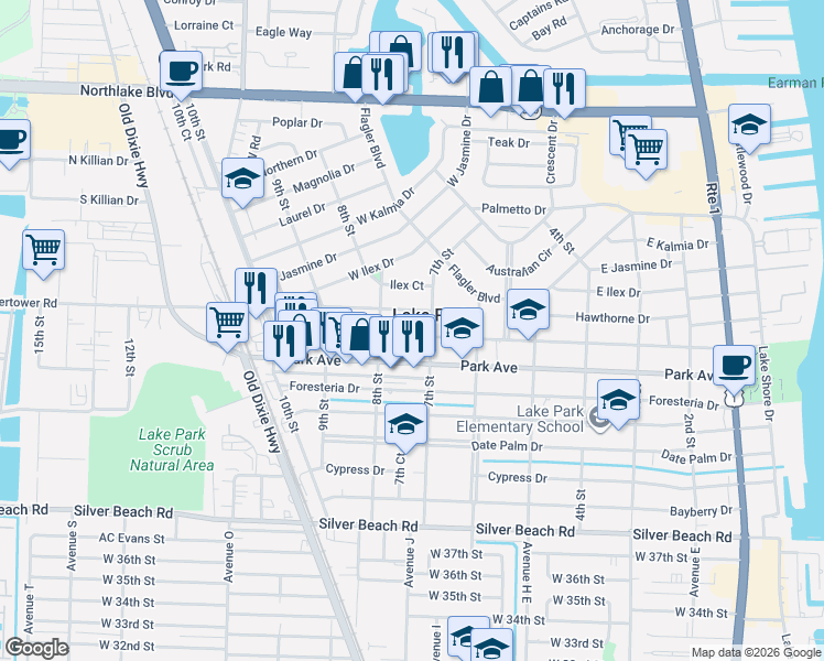 map of restaurants, bars, coffee shops, grocery stores, and more near in Lake Park