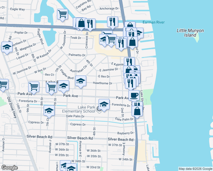map of restaurants, bars, coffee shops, grocery stores, and more near 341 Hawthorne Drive in West Palm Beach