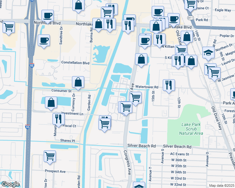 map of restaurants, bars, coffee shops, grocery stores, and more near 815 Venetian Isles Drive in Lake Park