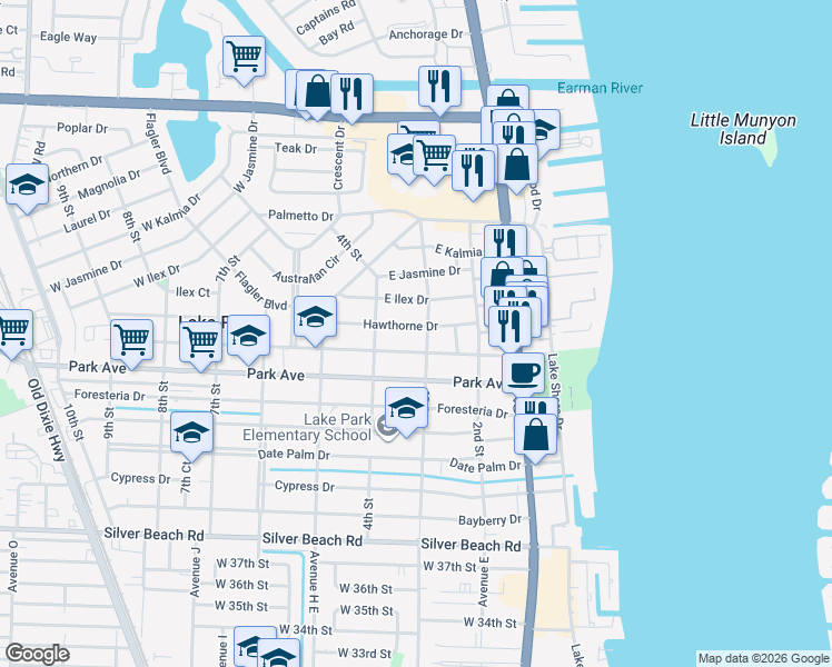map of restaurants, bars, coffee shops, grocery stores, and more near 341 Hawthorne Drive in West Palm Beach