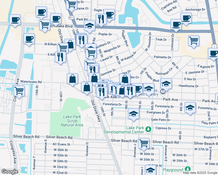 map of restaurants, bars, coffee shops, grocery stores, and more near 910 West Ilex Drive in West Palm Beach