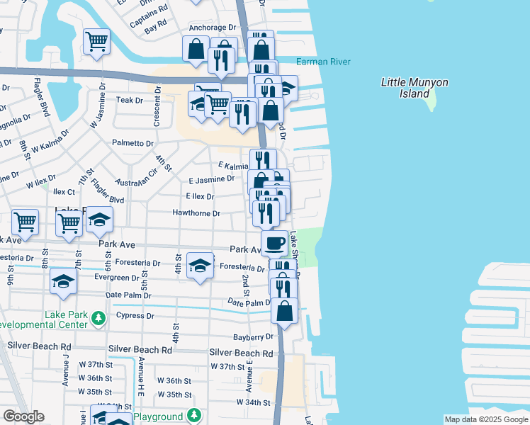 map of restaurants, bars, coffee shops, grocery stores, and more near 900 U.S. 1 in Lake Park