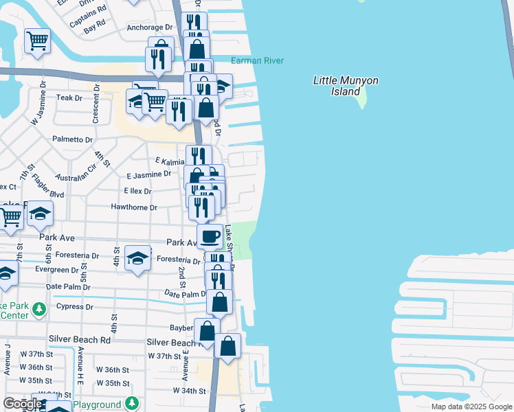 map of restaurants, bars, coffee shops, grocery stores, and more near 903 Lake Shore Drive in Lake Park