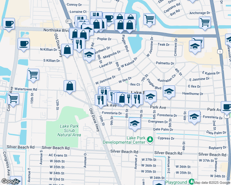 map of restaurants, bars, coffee shops, grocery stores, and more near 854 Hawthorne Drive in West Palm Beach