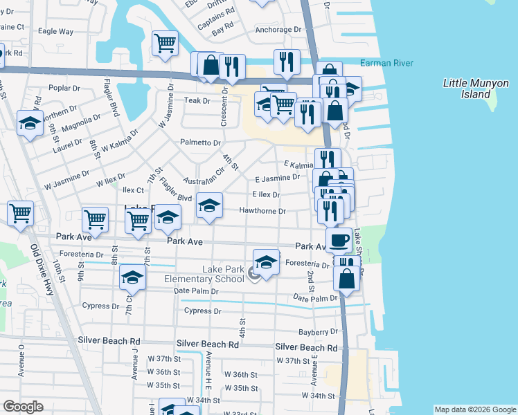 map of restaurants, bars, coffee shops, grocery stores, and more near 341 Hawthorne Drive in West Palm Beach
