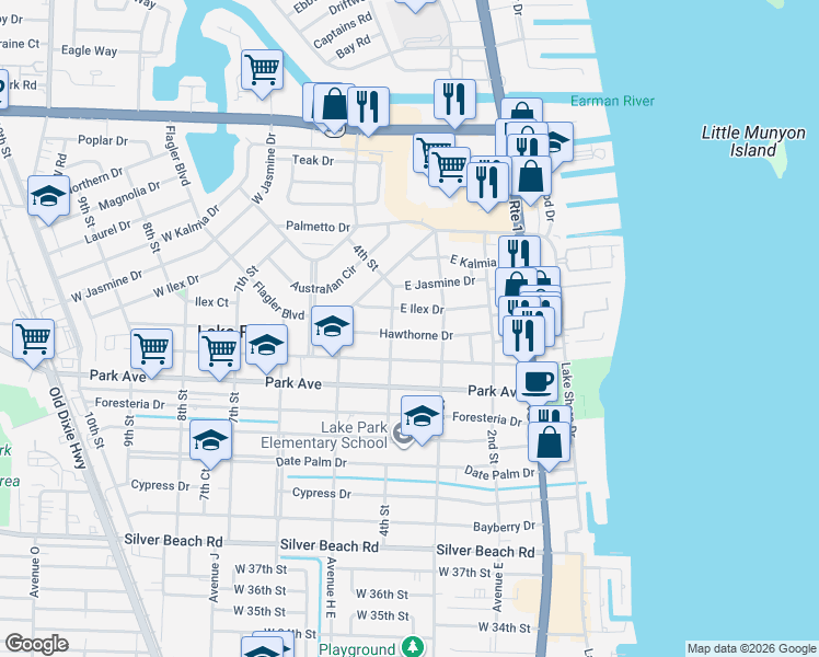 map of restaurants, bars, coffee shops, grocery stores, and more near 341 Hawthorne Drive in West Palm Beach