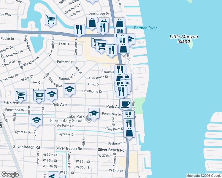 map of restaurants, bars, coffee shops, grocery stores, and more near 910 2nd St in Lake Park