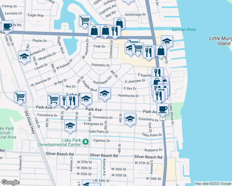 map of restaurants, bars, coffee shops, grocery stores, and more near 423 Hawthorne Drive in West Palm Beach