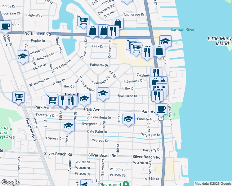 map of restaurants, bars, coffee shops, grocery stores, and more near 415 Hawthorne Drive in West Palm Beach