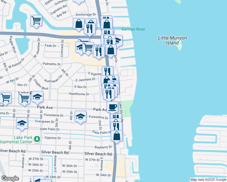 map of restaurants, bars, coffee shops, grocery stores, and more near 900 U.S. 1 in Lake Park