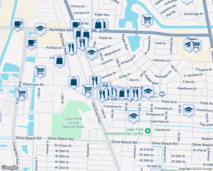 map of restaurants, bars, coffee shops, grocery stores, and more near 910 West Ilex Drive in West Palm Beach