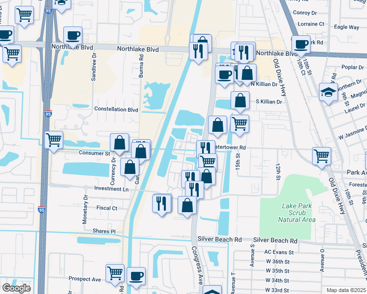map of restaurants, bars, coffee shops, grocery stores, and more near 815 Venetian Isles Drive in Lake Park