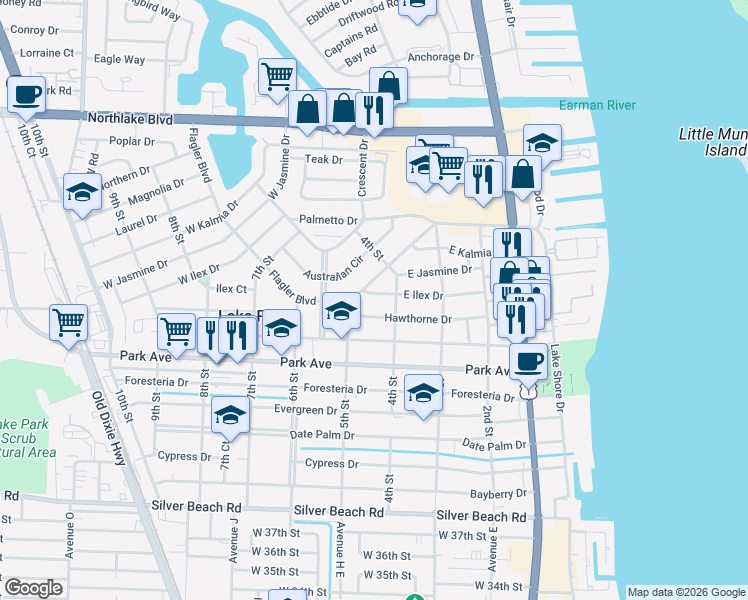 map of restaurants, bars, coffee shops, grocery stores, and more near 415 Hawthorne Drive in West Palm Beach