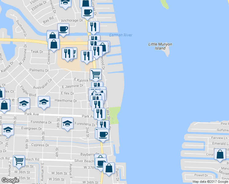 map of restaurants, bars, coffee shops, grocery stores, and more near 903 Lake Shore Drive in Lake Park