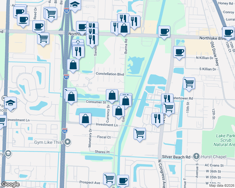 map of restaurants, bars, coffee shops, grocery stores, and more near 3545 William Street in West Palm Beach