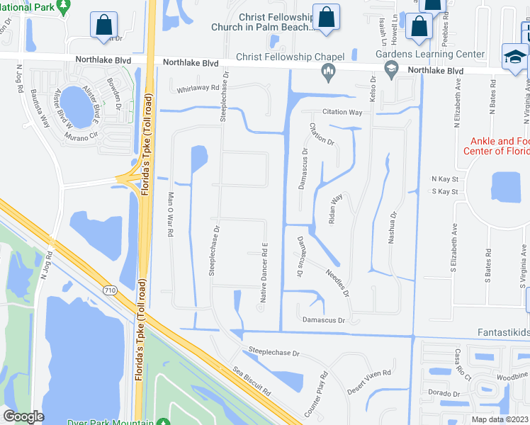 map of restaurants, bars, coffee shops, grocery stores, and more near 8566 North Native Dancer Road in Palm Beach Gardens