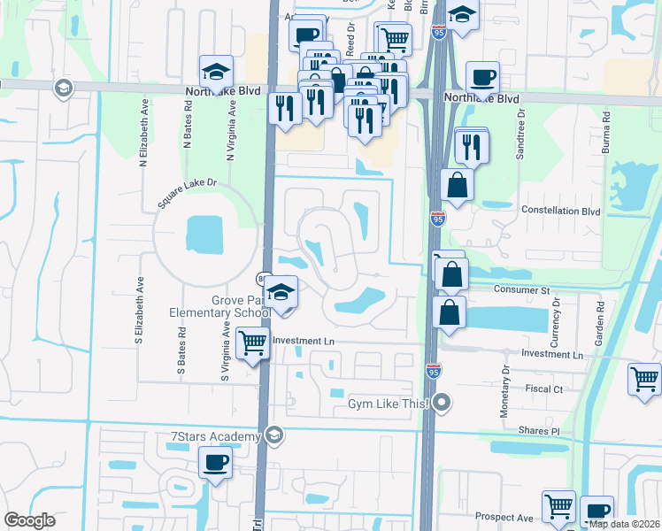 map of restaurants, bars, coffee shops, grocery stores, and more near 8465 Beaconhill Road in Palm Beach Gardens