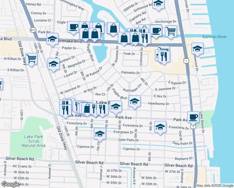 map of restaurants, bars, coffee shops, grocery stores, and more near 641 Flagler Boulevard in West Palm Beach