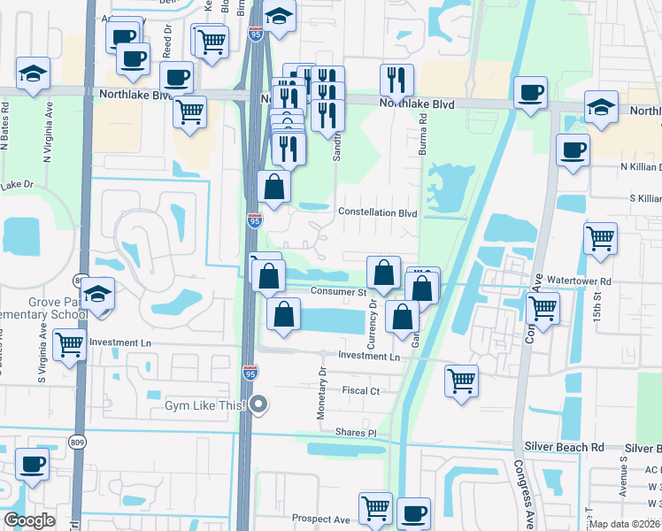 map of restaurants, bars, coffee shops, grocery stores, and more near 3 Betty Ann Court in Palm Beach Gardens