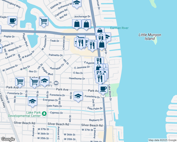 map of restaurants, bars, coffee shops, grocery stores, and more near 246 East Jasmine Drive in West Palm Beach