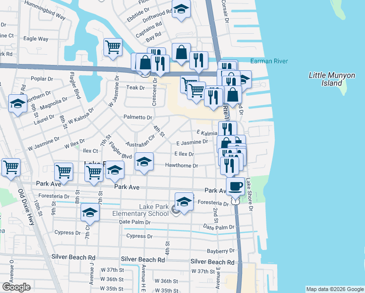 map of restaurants, bars, coffee shops, grocery stores, and more near 329 East Jasmine Drive in West Palm Beach