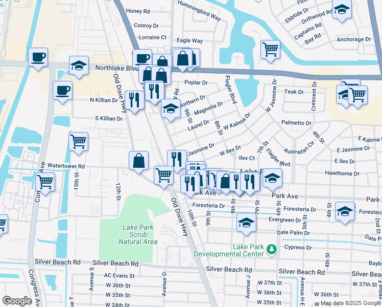 map of restaurants, bars, coffee shops, grocery stores, and more near 905 West Jasmine Drive in West Palm Beach