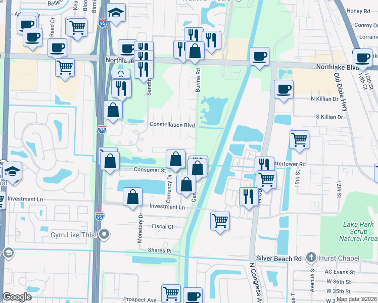 map of restaurants, bars, coffee shops, grocery stores, and more near 3545 William Street in West Palm Beach