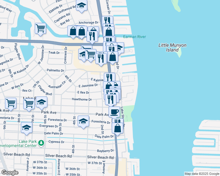 map of restaurants, bars, coffee shops, grocery stores, and more near 1018 U.S. 1 in Lake Park