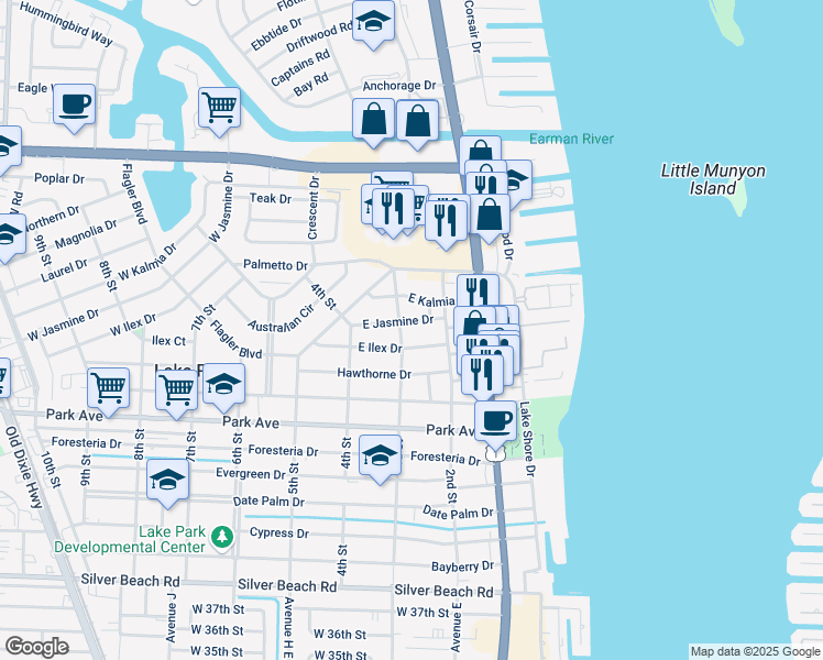 map of restaurants, bars, coffee shops, grocery stores, and more near 246 East Jasmine Drive in West Palm Beach