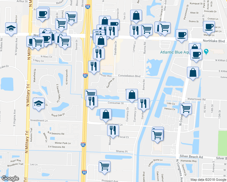 map of restaurants, bars, coffee shops, grocery stores, and more near 815 Sandtree Drive in Palm Beach Gardens